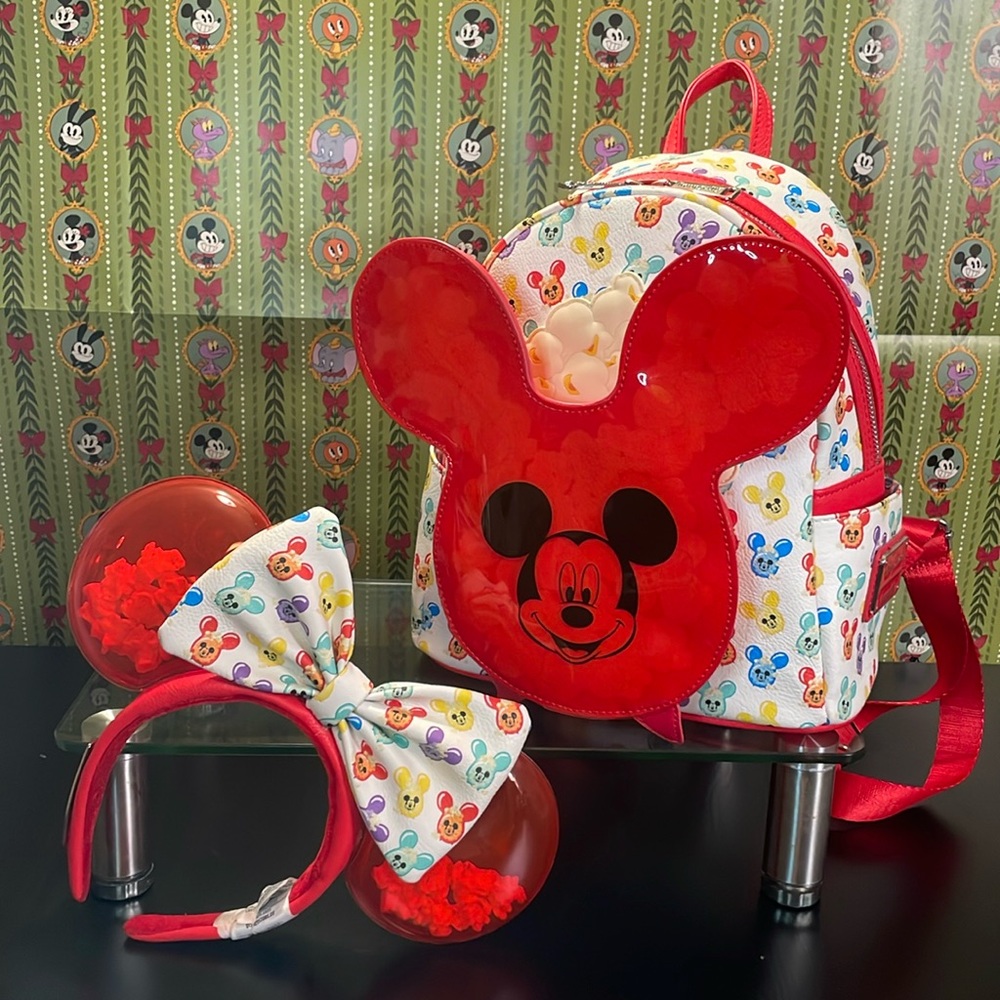 Disney Parks x Loungefly Scented Balloon Popcorn Bucket Backpack & Minnie Ears